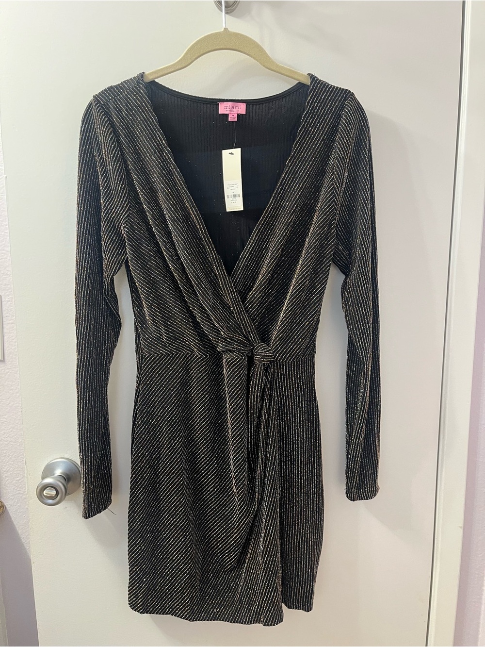 Miami Black Metallic Stripe Long Sleeve Wrap Dress (M) Retail $56